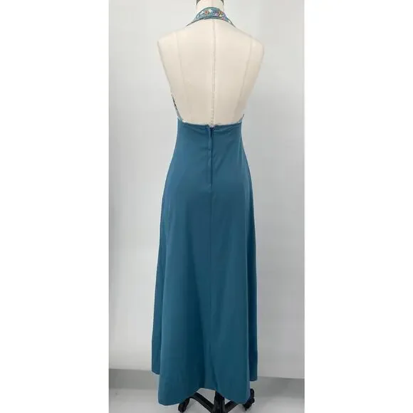 Vintage 70s Halter Dress Floral Pattern Triangle Bodice Teal Blue Pink Womens XS - Picture 8 of 10